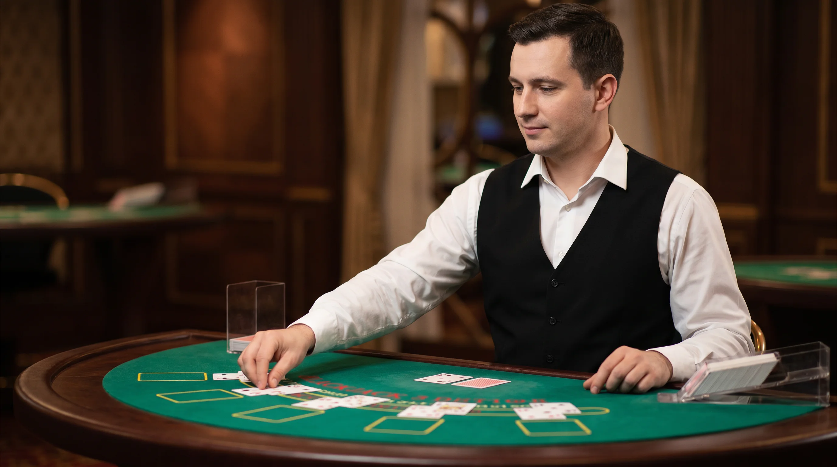 Croupier ved live blackjack-bord