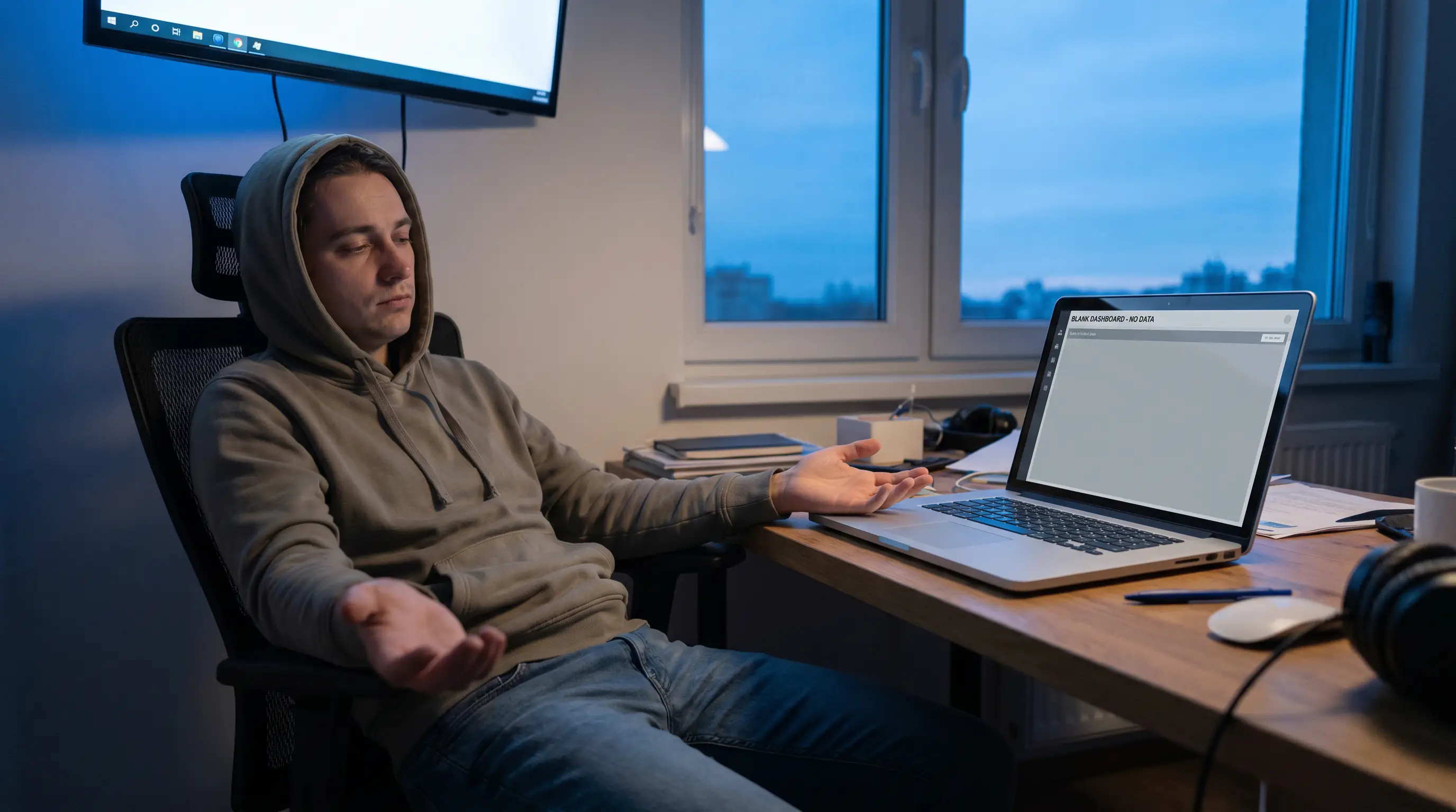 Tomme hænder foran computerskærm med tom konto