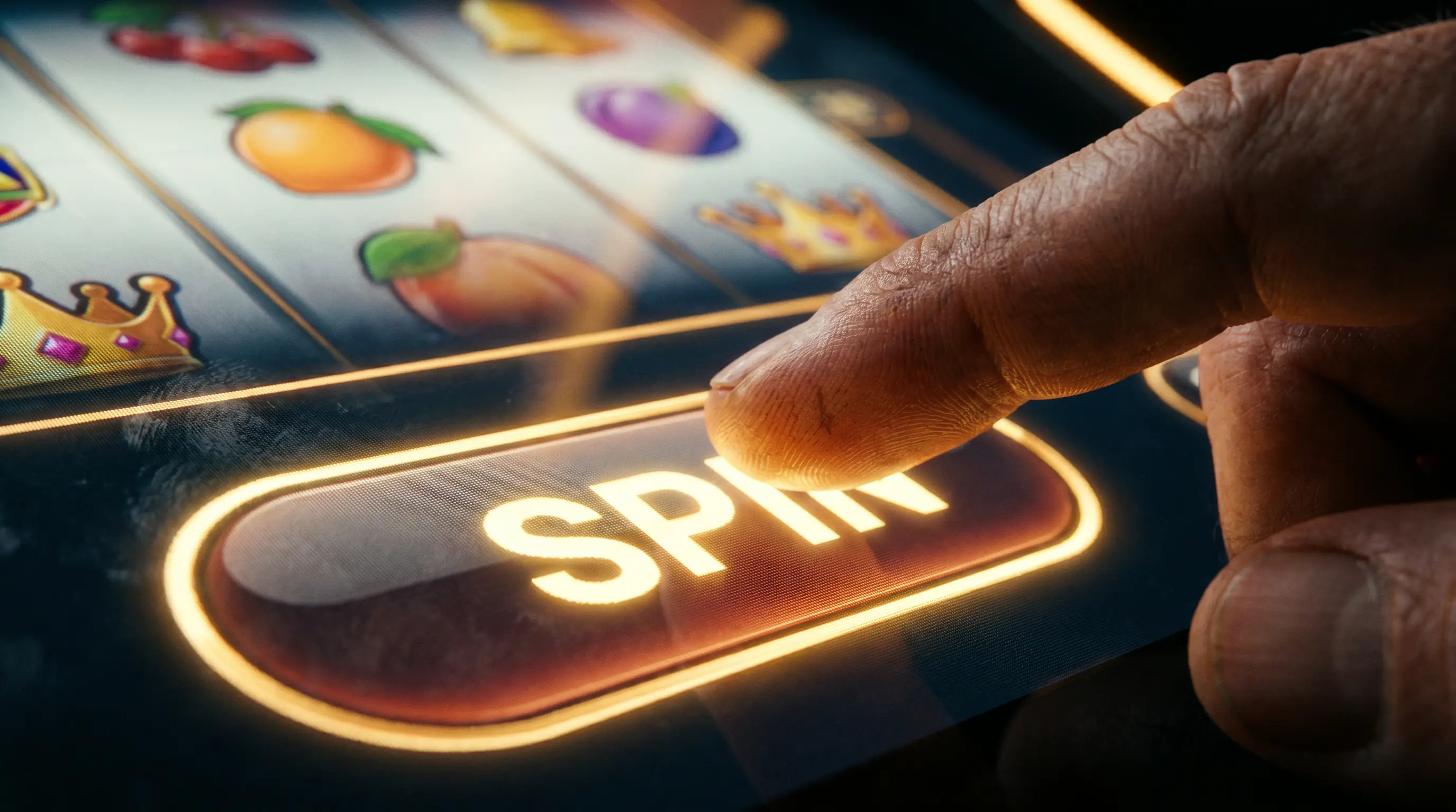 Hånd der trykker på spin-knappen på en spilleautomat